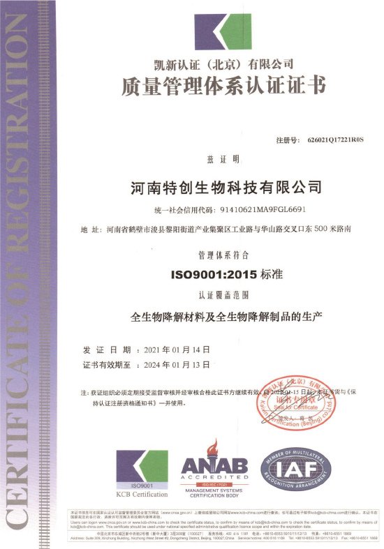 Quality management system certificate